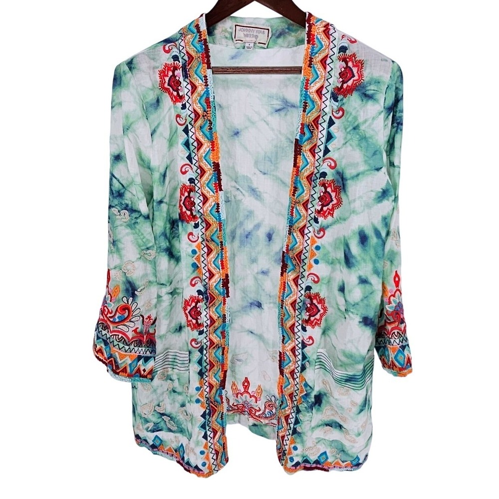Johnny Was Jade Marble Linen Smoking Jacket Kimono Embroidered Floral Boho Small